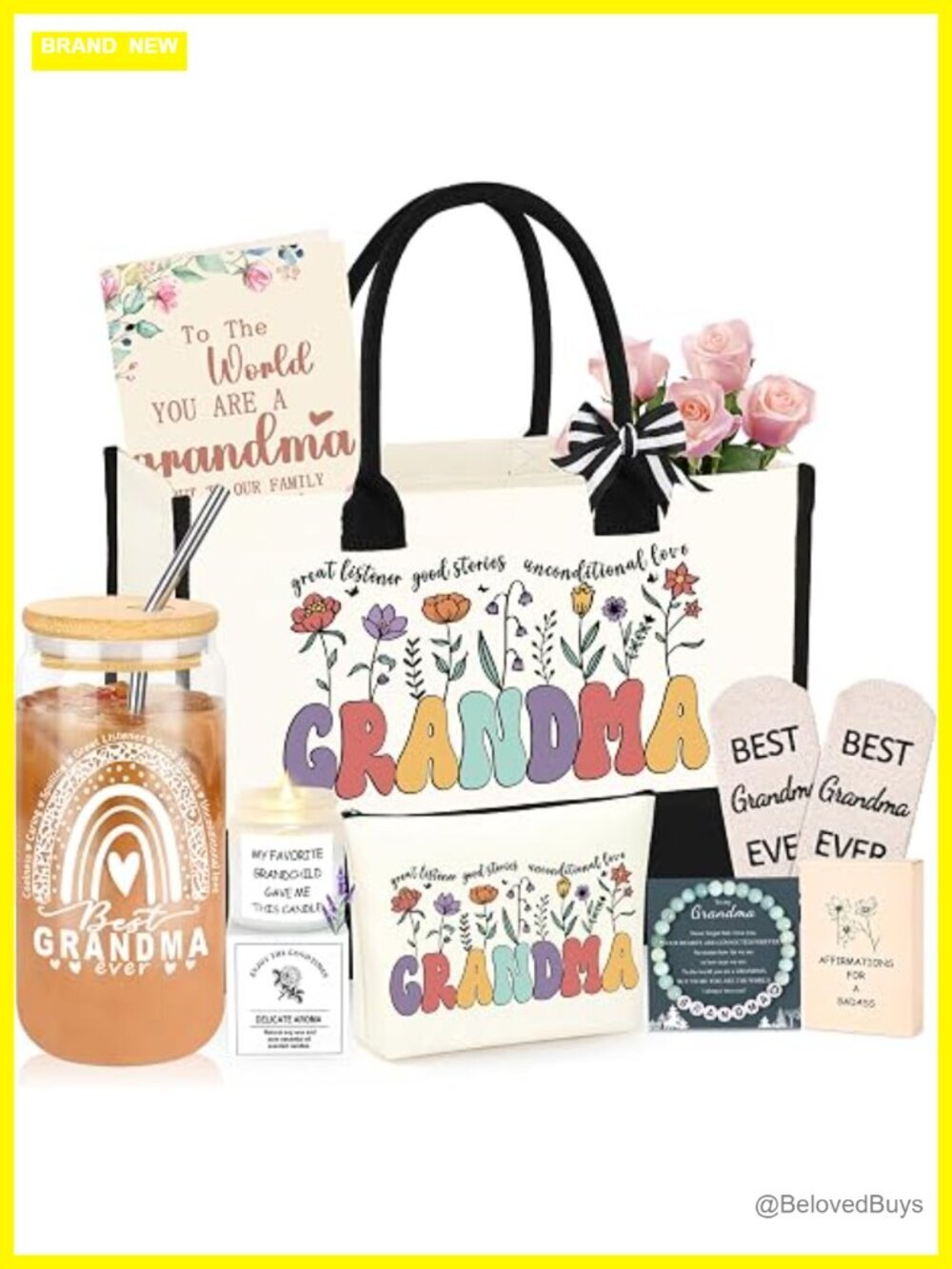 Canvas Tote Bag Gift Set with Makeup Pouch, Bracelet, Candle, Mug, Socks, Cards